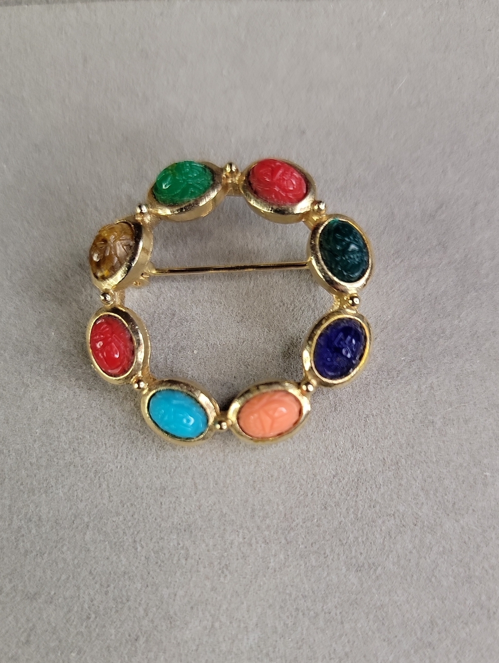 Vintage Egyptian Scarab Carved Celluloid Wreath Brooch